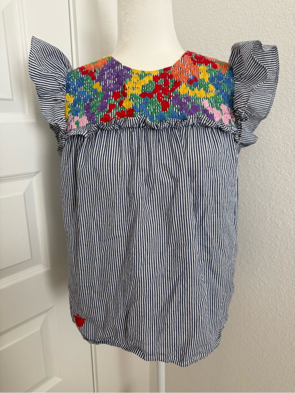 J Marie Striped Flutter Sleeve Tank Top with Multicolor Embroidered Yoke